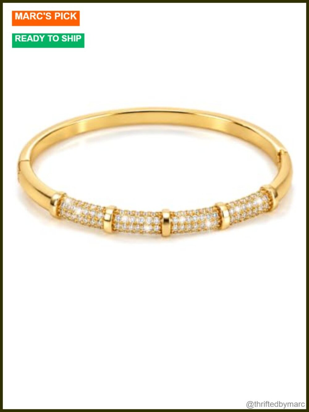 14K Gold Plated Waterproof Bangle Bracelet CZ Hinged Women
